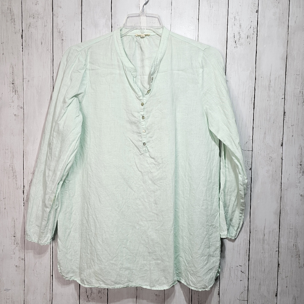 EILEEN FISHER Aurora Mint Green Organic Linen Mandarin Tunic Shirt Size Medium.